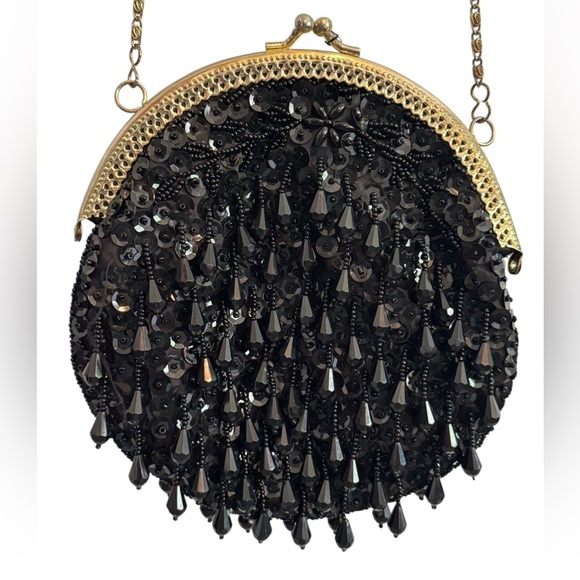 Vintage Style Black Mini Elegant Sequin Evening Bag Chain Crossbody Purse - Picture 1 of 12